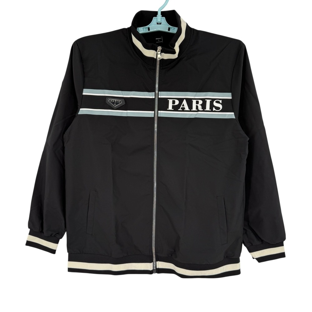 Manfinity Men's Black Paris Graphic Lightweight Bomber Jacket Size L Zip Up NWOT